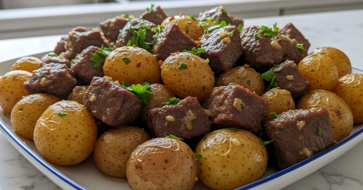 Melt-in-Your-Mouth Slow Cooker Garlic Butter Beef Bites with Potatoes - Image 1