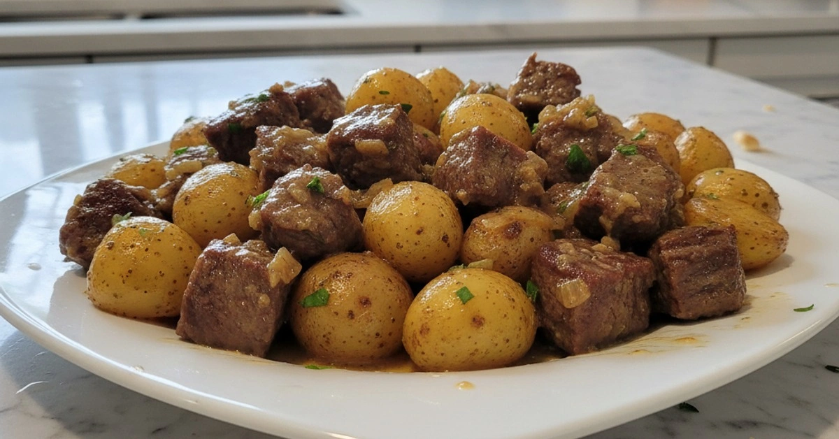 The Easiest Crockpot Garlic Butter Beef Bites with Potatoes - Image 1