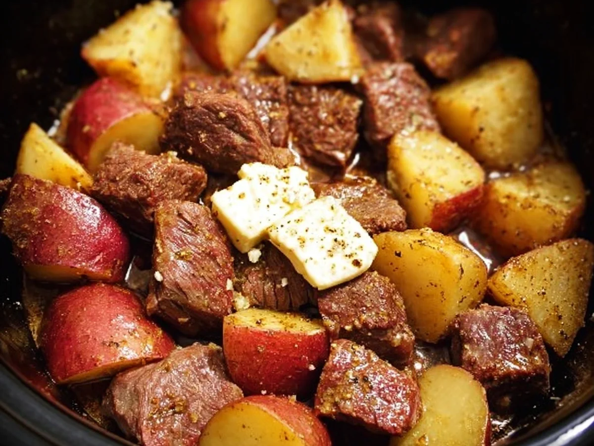 Crockpot Garlic Butter Beef Bites with Potatoes - Image 1