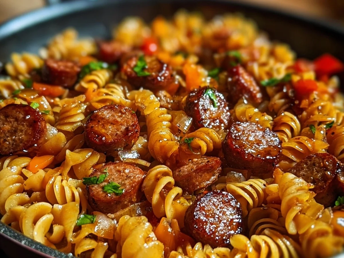 Spicy Honey BBQ Beef Sausage Pasta Skillet - Image 1