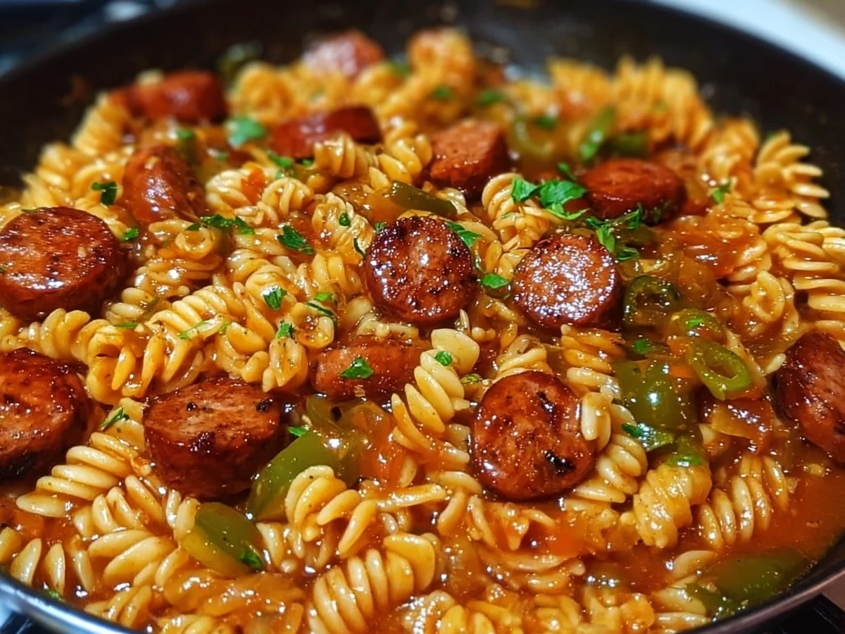 Spicy Honey BBQ Beef Sausage Pasta Skillet - Image 2