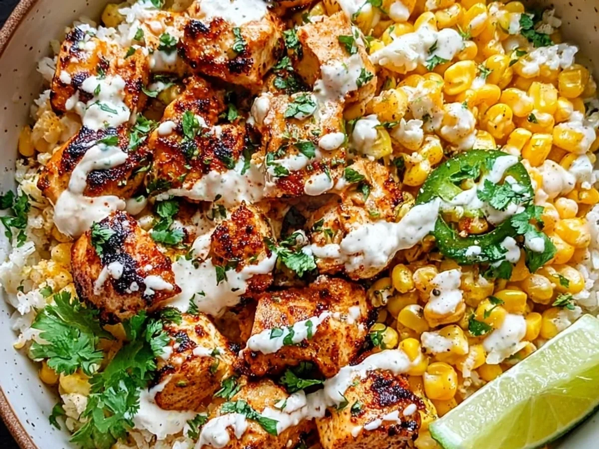 Tangy Street Corn Chicken Rice Bowl: Zesty Dinner - Image 1