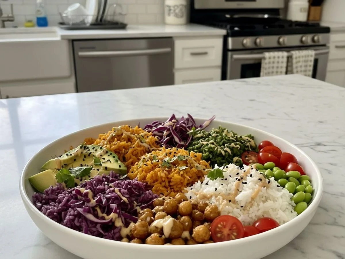 Vibrant Rainbow Rice Buddha Bowl with Zesty Dressing - Image 1