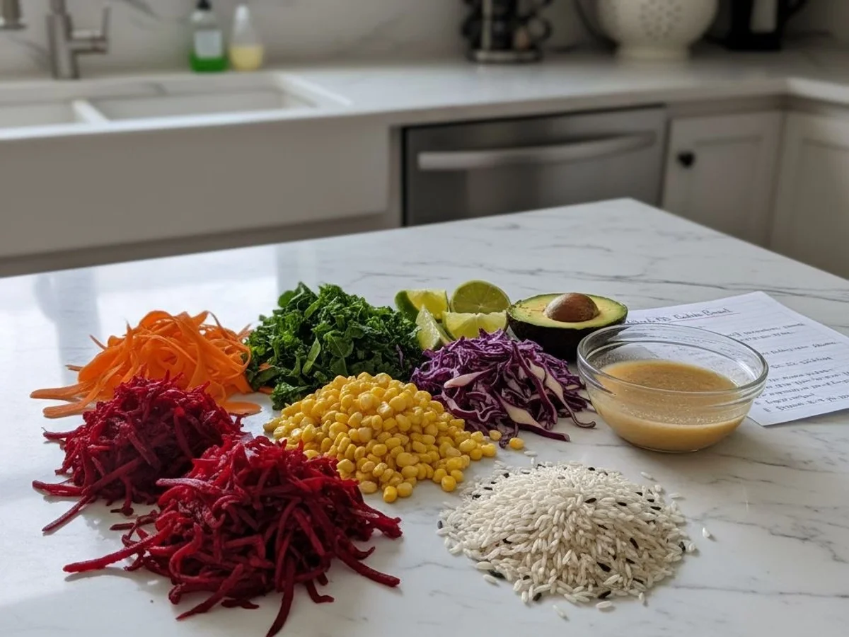 Vibrant Rainbow Rice Buddha Bowl with Zesty Dressing - Image 2
