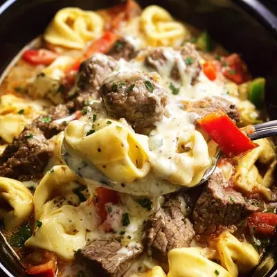 Crock Pot Cheesesteak Tortellini: Easy Slow Cooker Dinner