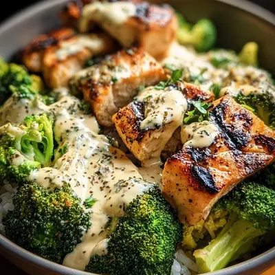Grilled Chicken & Broccoli Bowls with Creamy Garlic Sauce