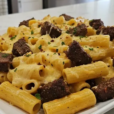 The Ultimate Cajun Steak Tips in Cheesy Rigatoni Parmesan Sauce