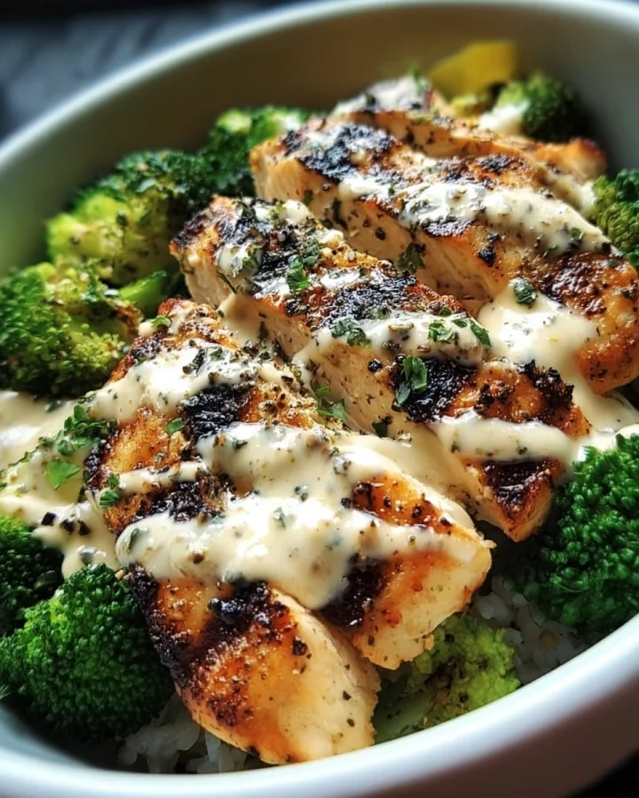 Creamy Garlic Grilled Chicken & Broccoli Bowls