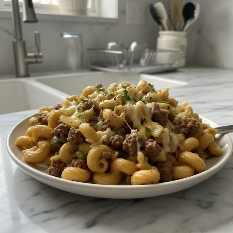 Savory Philly Cheesesteak Ground Beef Pasta Skillet