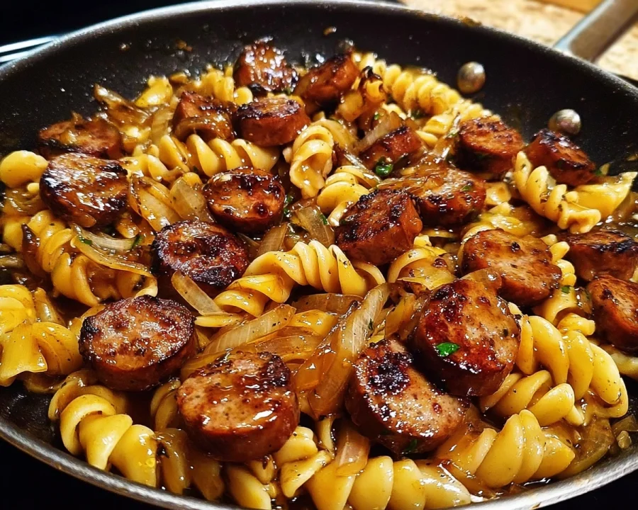 Sticky Honey Garlic Beef Sausage Pasta Skillet