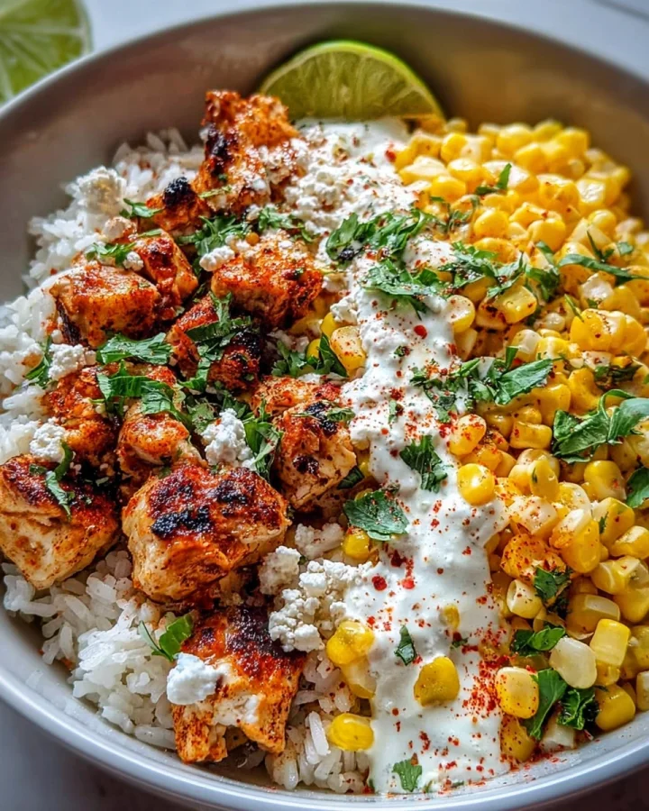 Tangy Street Corn Chicken Rice Bowl: Zesty Dinner