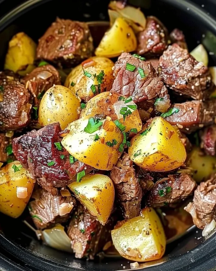 Tender Crockpot Garlic Butter Beef Bites & Potatoes