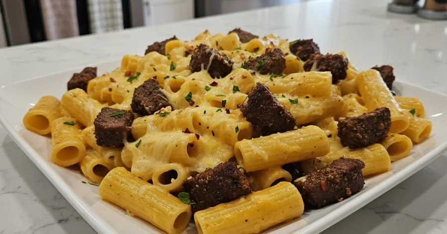 The Ultimate Cajun Steak Tips in Cheesy Rigatoni Parmesan Sauce