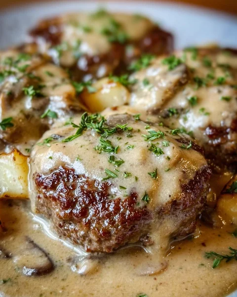 Amish Hamburger Steak Bake with Creamy Gravy