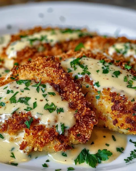Crispy Parmesan Crusted Chicken, Creamy Garlic Sauce