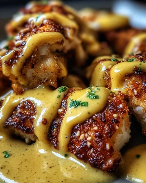 Crispy Pretzel Chicken with Tangy Cheddar Sauce