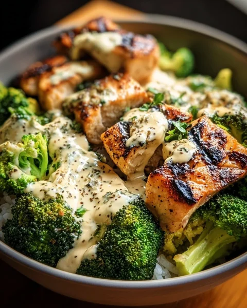 Grilled Chicken & Broccoli Bowls with Creamy Garlic Sauce