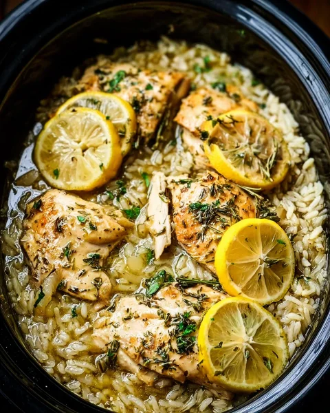 Slow Cooker Lemon Herb Chicken and Rice Dinner