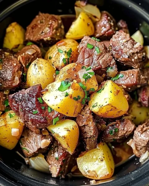 Tender Crockpot Garlic Butter Beef Bites & Potatoes