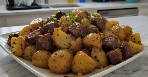The Easiest Crockpot Garlic Butter Beef Bites with Potatoes