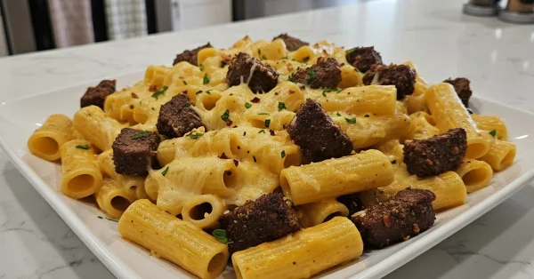 The Ultimate Cajun Steak Tips in Cheesy Rigatoni Parmesan Sauce